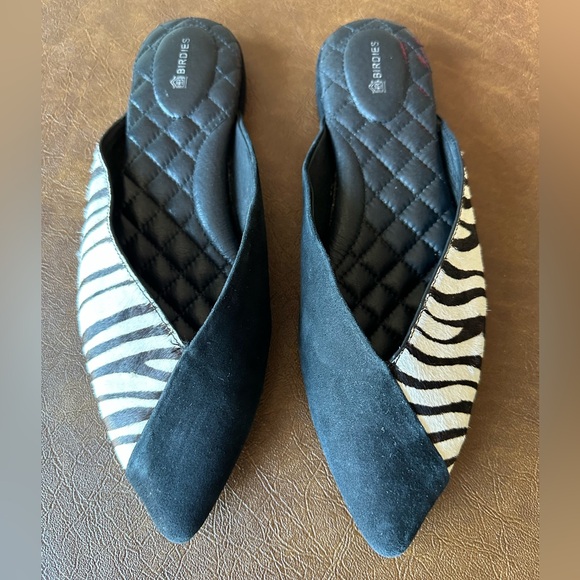 Birdies Shoes - Birdies The Swan Zebra Animal Print Calf Hair Suede Mules Black Cream Size 8.5